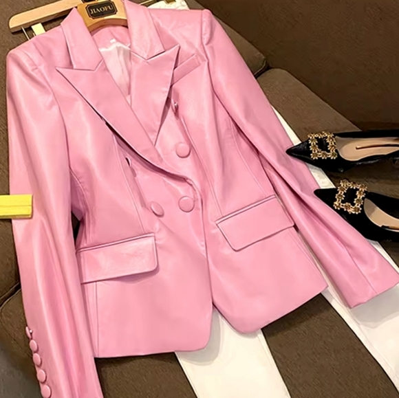 Jackets & Blazers - Stylish Short Pink Soft Pu Leather Blazer Long Sleeve Slim Fit Luxury Jackets